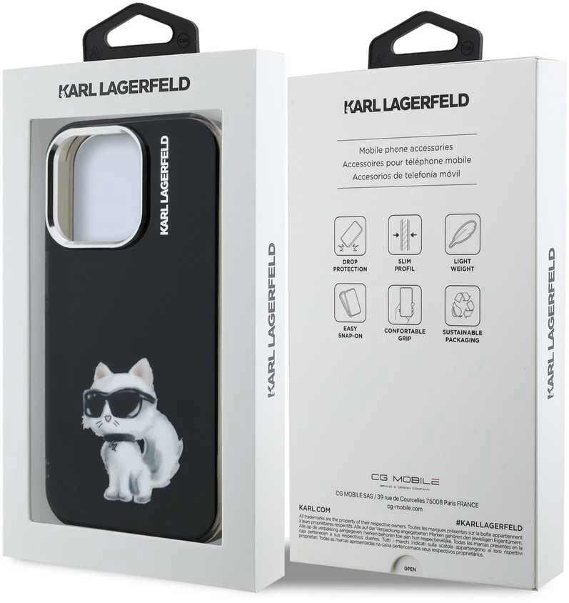 Karl Lagerfeld IML Aquarelle Choupette dėklas Apple iPhone 15 Pro juodos spalvos
