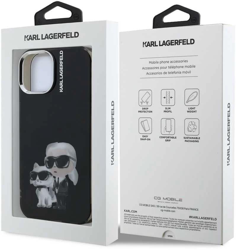 Karl Lagerfeld IML Aquarelle Karl and Choupette dėklas Apple iPhone 15 juodos spalvos