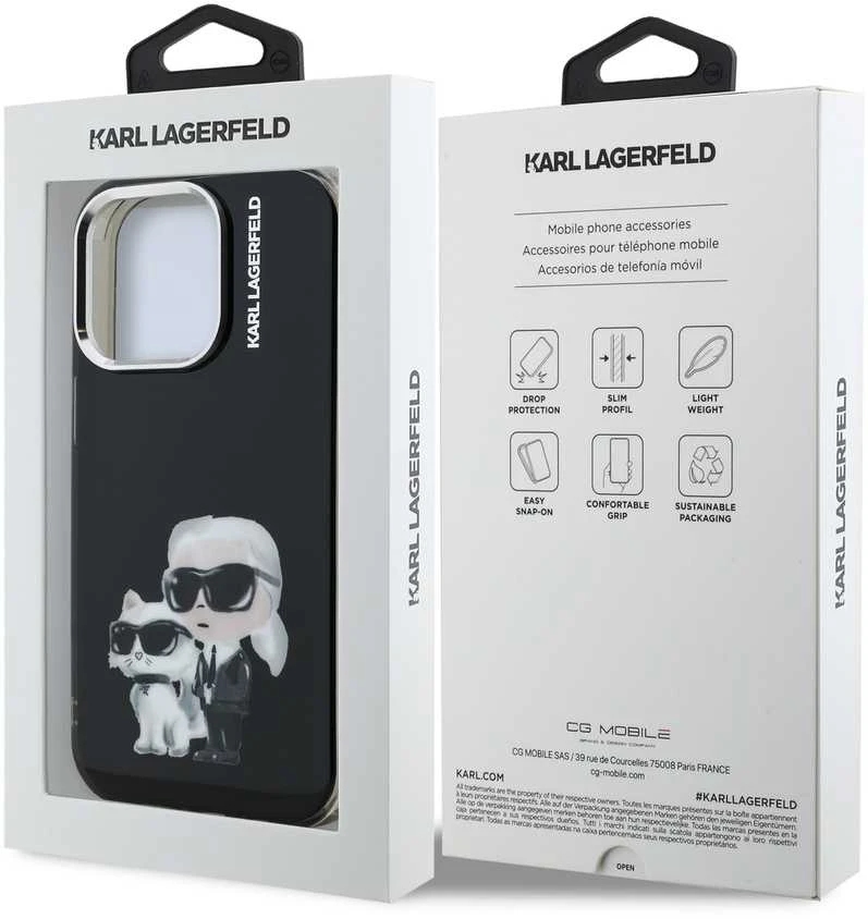 Karl Lagerfeld IML Aquarelle Karl and Choupette dėklas Apple iPhone 15 Pro juodos spalvos