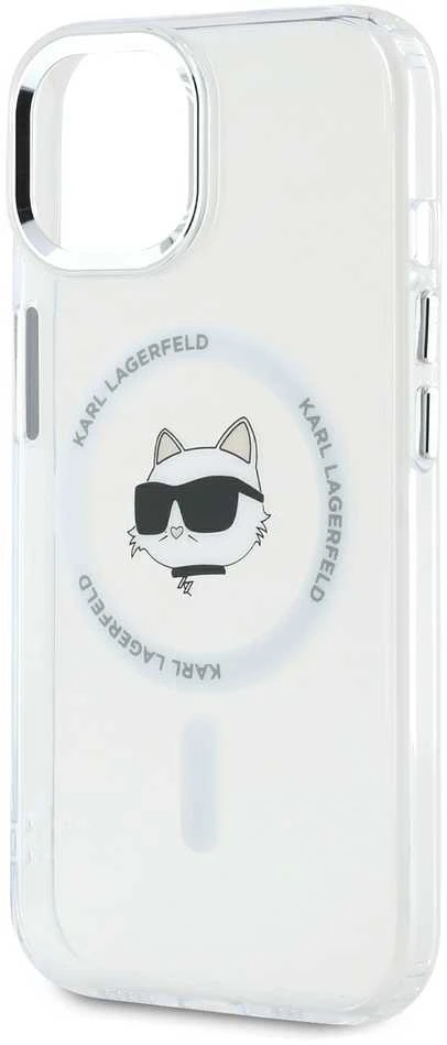 Karl Lagerfeld KLHMP15SHLSCHH Apple iPhone 15 6.1″ baltos spalvos kietas dėklas IML Metal Choupette Head MagSafe