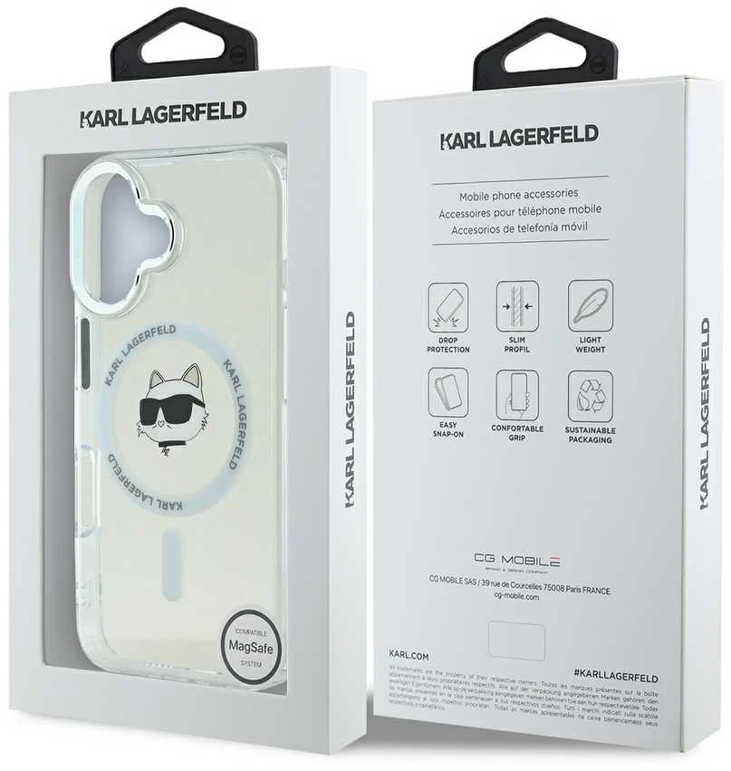Karl Lagerfeld KLHMP16SHLSCHH Apple iPhone 16 6.1″ baltos spalvos kietas dėklas IML Metal Choupette Head MagSafe
