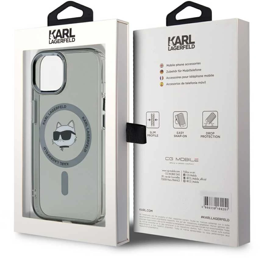 Karl Lagerfeld KLHMP15SHLSCHK Apple iPhone 15 6.1″ juodos spalvos kietas dėklas IML Metal Choupette Head MagSafe