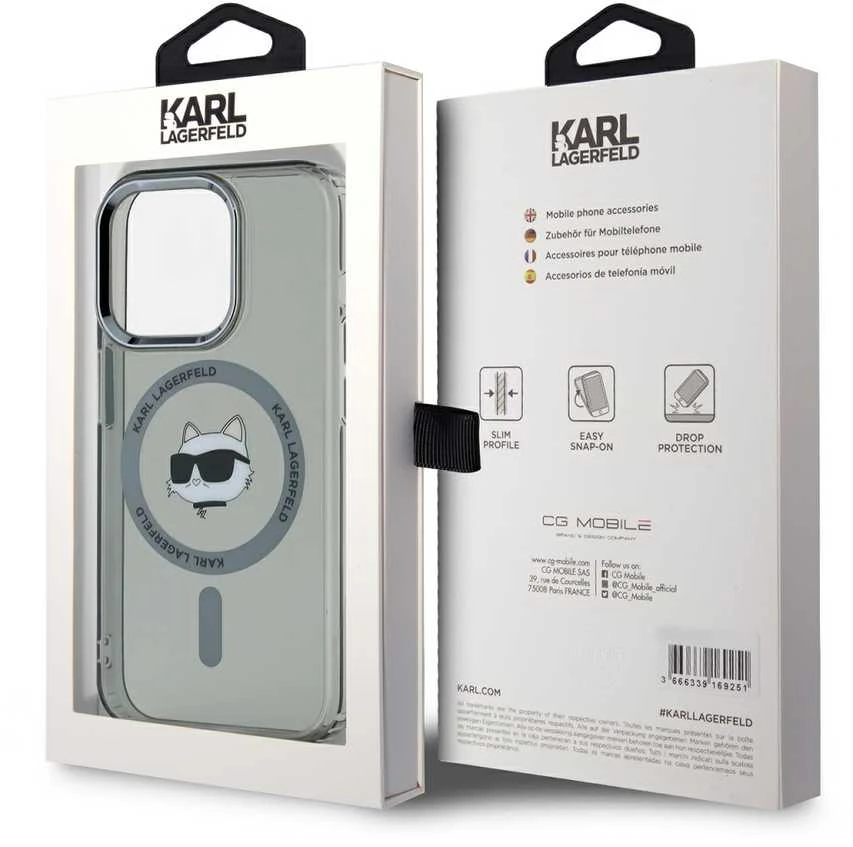 Karl Lagerfeld IML Choupette Head Metal Frame MagSafe dėklas telefonui Apple iPhone 15 Pro Max juodos spalvos