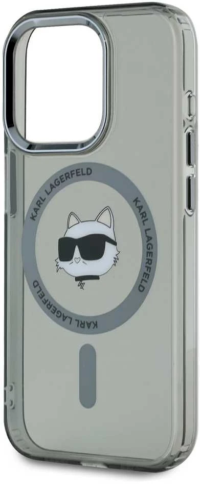 Karl Lagerfeld IML Choupette Head Metal Frame MagSafe dėklas telefonui Apple iPhone 15 Pro Max juodos spalvos
