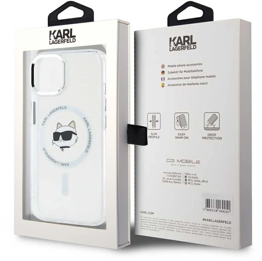 Karl Lagerfeld KLHMP15SHLSCHH Apple iPhone 15 6.1″ baltos spalvos kietas dėklas IML Metal Choupette Head MagSafe