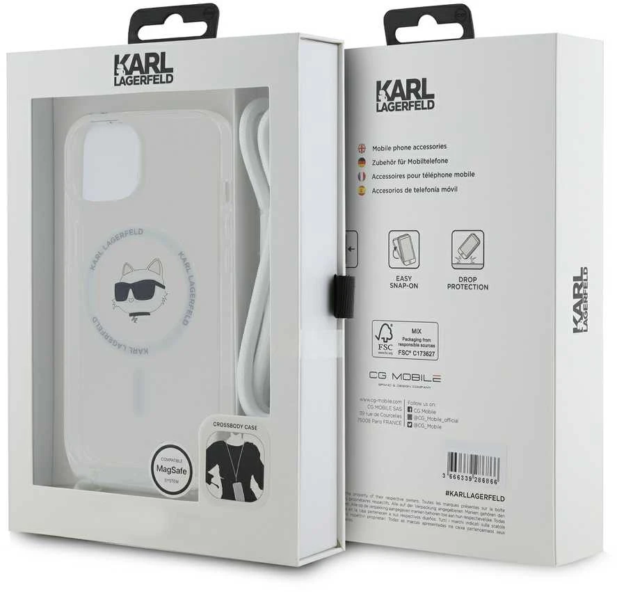 Karl Lagerfeld KLHMP15SHCCHNT Apple iPhone 15/ 14 / 13 6.1″ kietas dėklas skaidrus IML Choupette Head & Cord