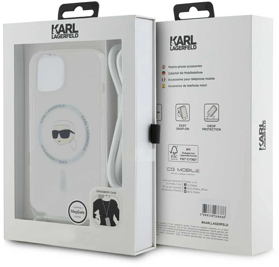 Karl Lagerfeld KLHMP15SHCKHNT Apple iPhone 15 /14 / 13 6.1″ kietas dėklas skaidrus Crossbody IML Karl Head M