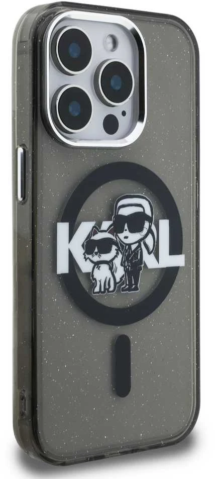 Karl Lagerfeld IML Glitter Karl and Choupette Sketch MagSafe dėklas Apple iPhone 15 Pro Max juodos spalvos