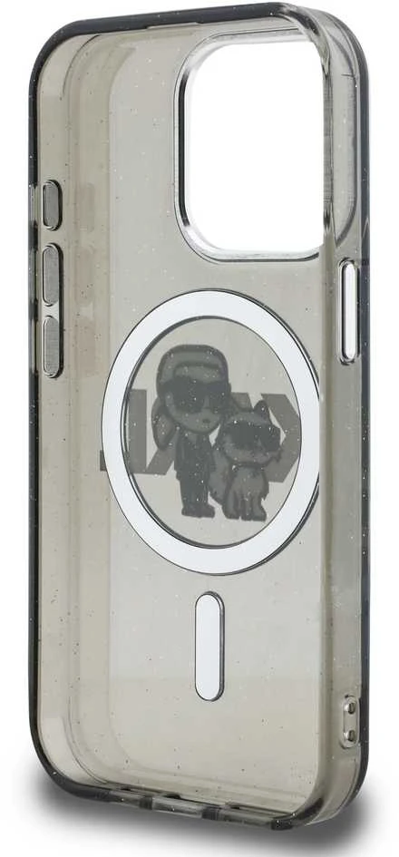 Karl Lagerfeld IML Glitter Karl and Choupette Sketch MagSafe dėklas Apple iPhone 15 Pro juodos spalvos