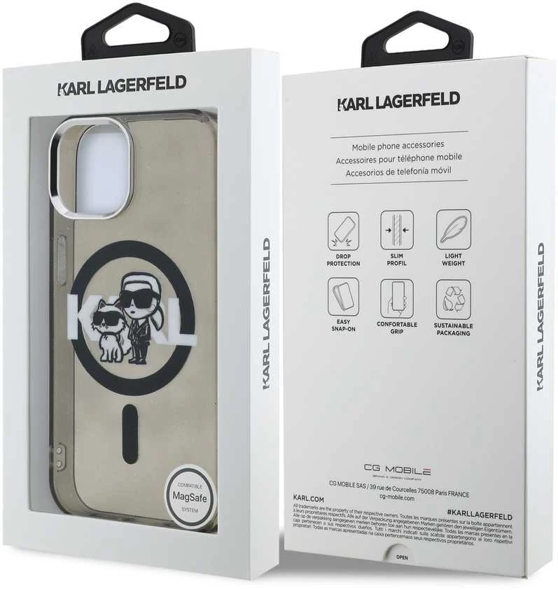 Karl Lagerfeld IML Glitter Karl and Choupette Sketch MagSafe dėklas Apple iPhone 15 juodos spalvos