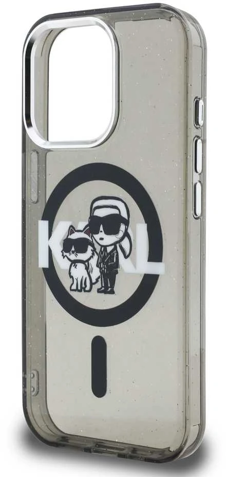 Karl Lagerfeld IML Glitter Karl and Choupette Sketch MagSafe dėklas Apple iPhone 15 Pro Max juodos spalvos