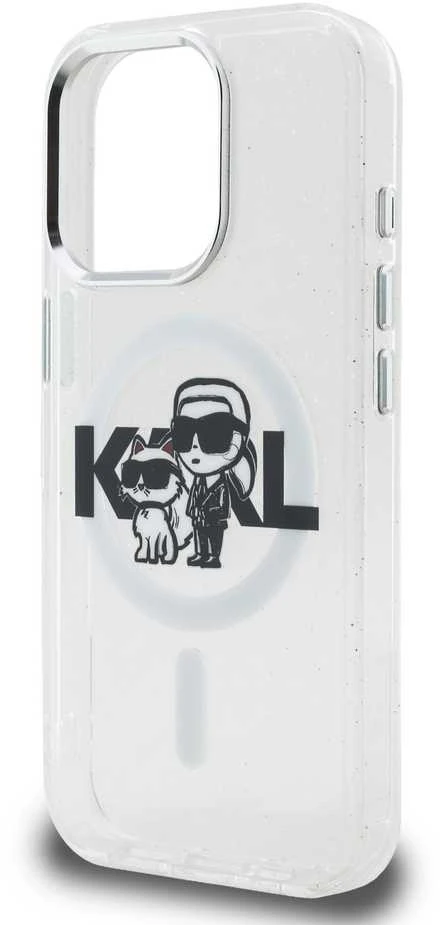 Karl Lagerfeld IML Glitter Karl and Choupette Sketch MagSafe dėklas Apple iPhone 15 Pro skaidrus