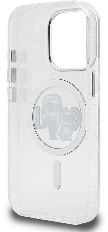 Karl Lagerfeld IML Glitter Karl and Choupette Sketch MagSafe dėklas Apple iPhone 15 Pro skaidrus