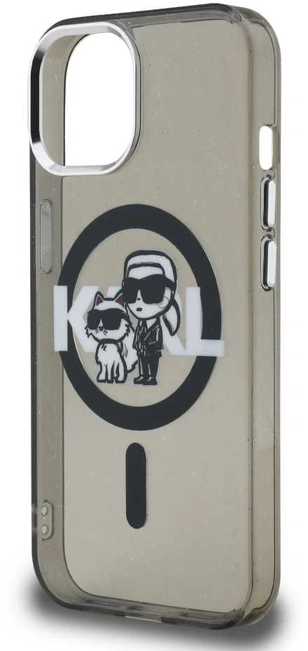 Karl Lagerfeld IML Glitter Karl and Choupette Sketch MagSafe dėklas Apple iPhone 15 juodos spalvos