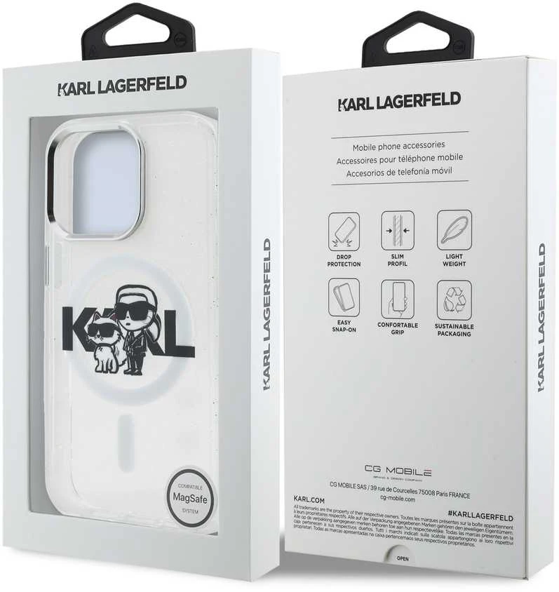 Karl Lagerfeld IML Glitter Karl and Choupette Sketch MagSafe dėklas Apple iPhone 15 Pro skaidrus