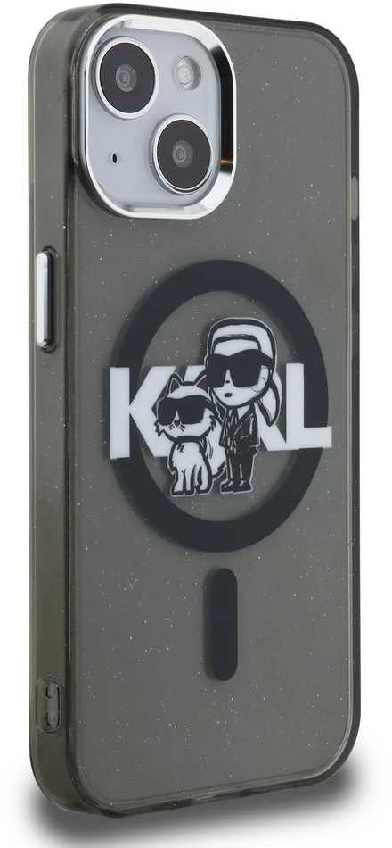 Karl Lagerfeld IML Glitter Karl and Choupette Sketch MagSafe dėklas Apple iPhone 15 juodos spalvos