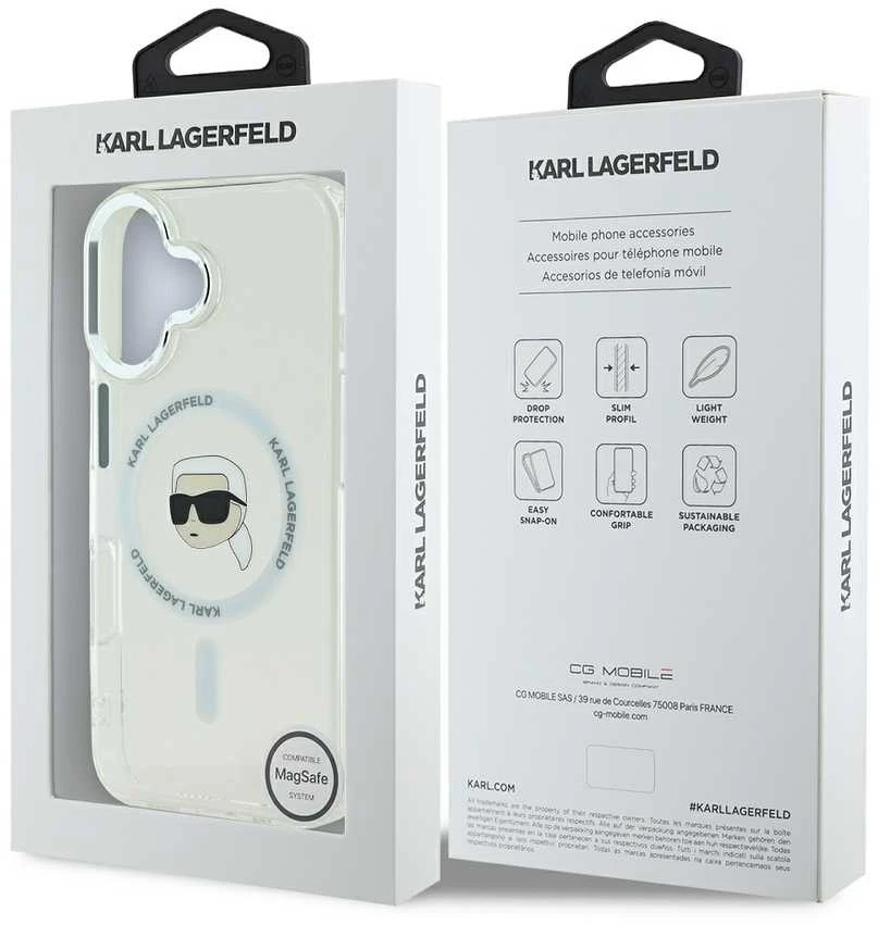 Karl Lagerfeld KLHMP16SHLSKIH Apple iPhone 16 6.1″baltos spalvos kietas dėklas IML Metal Karl Head MagSafe