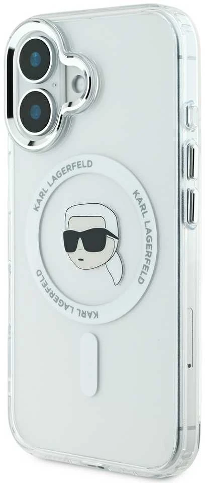 Karl Lagerfeld KLHMP16SHLSKIH Apple iPhone 16 6.1″baltos spalvos kietas dėklas IML Metal Karl Head MagSafe