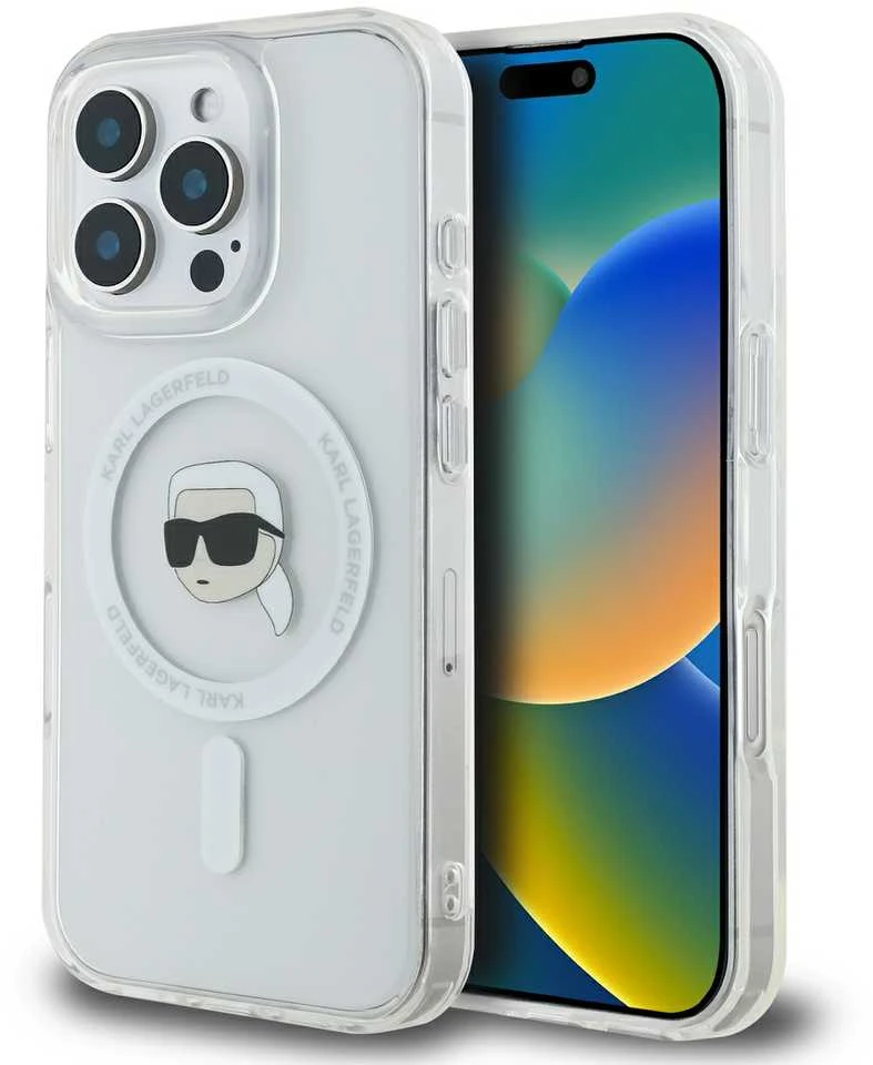 Karl Lagerfeld KLHMP16LHLSKIH Apple iPhone 16 Pro 6.3″ baltos spalvos kietas dėklas IML Metal Karl Head MagSafe
