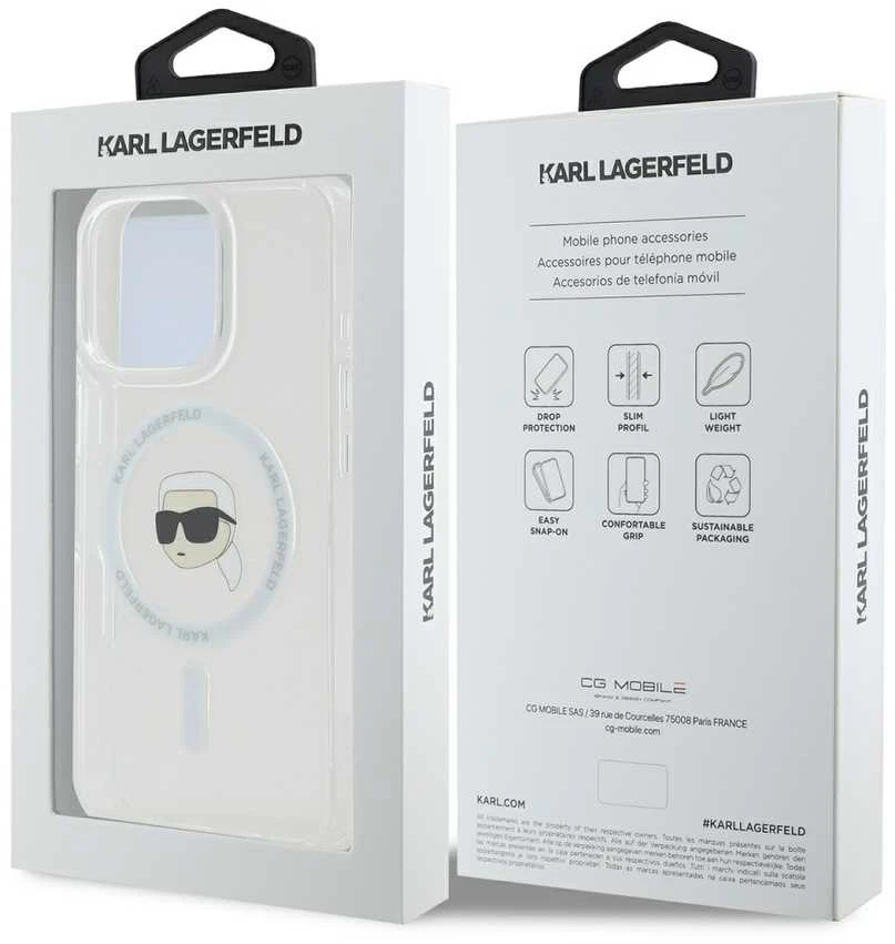 Karl Lagerfeld KLHMP16LHLSKIH Apple iPhone 16 Pro 6.3″ baltos spalvos kietas dėklas IML Metal Karl Head MagSafe