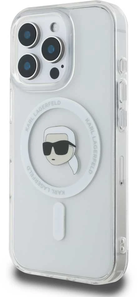 Karl Lagerfeld KLHMP16LHLSKIH Apple iPhone 16 Pro 6.3″ baltos spalvos kietas dėklas IML Metal Karl Head MagSafe