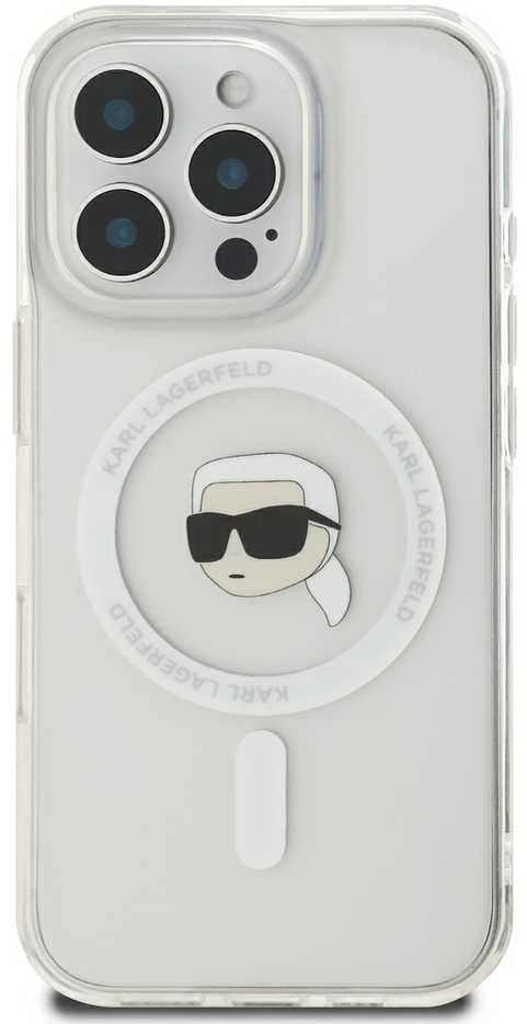 Karl Lagerfeld KLHMP16LHLSKIH Apple iPhone 16 Pro 6.3″ baltos spalvos kietas dėklas IML Metal Karl Head MagSafe