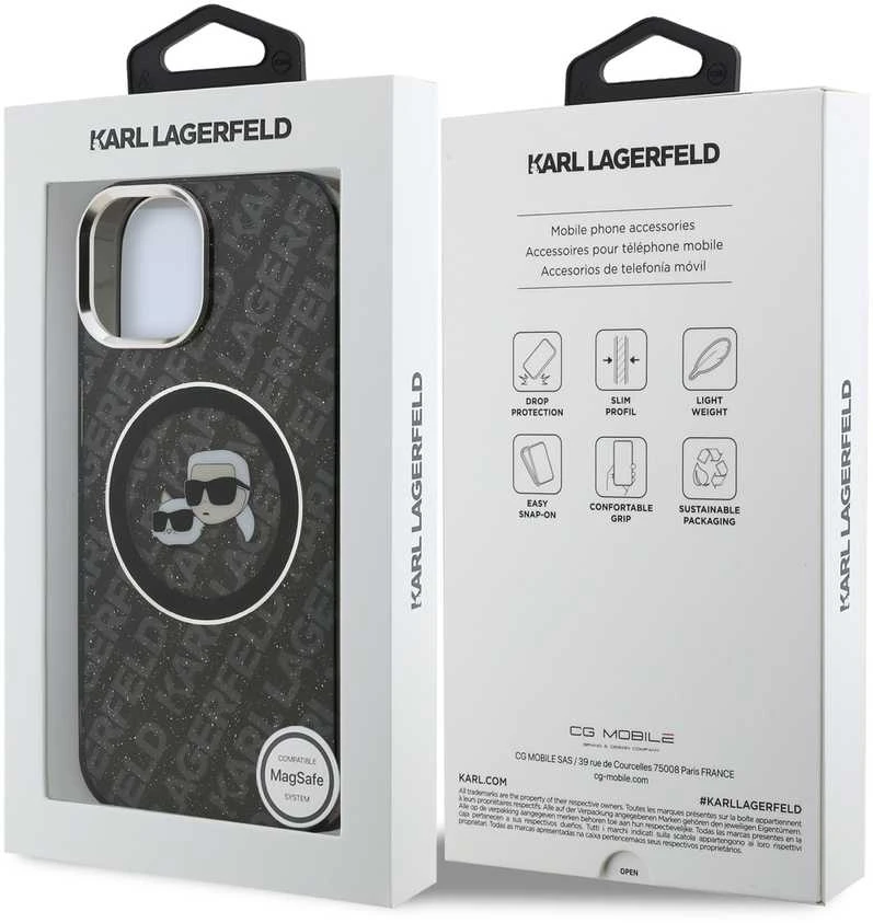 Karl Lagerfeld IML K&CH Heads Repeated Logo MagSafe dėklas Apple iPhone 15 juodos spalvos