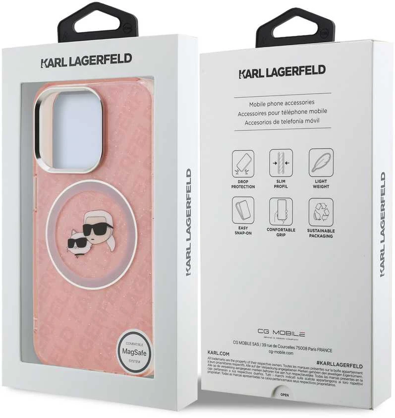 Karl Lagerfeld IML K&CH Heads Repeated Logo MagSafe dėklas Apple iPhone 15 Pro rožinės spalvos