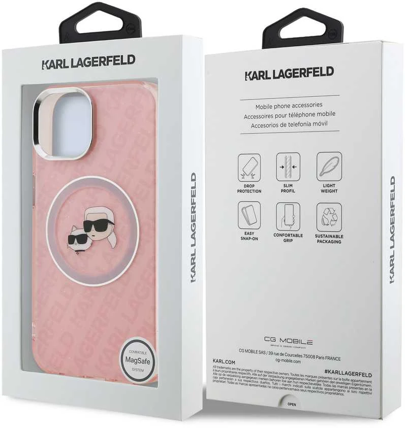 Karl Lagerfeld IML K&CH Heads Repeated Logo MagSafe dėklas Apple iPhone 15 rožinės spalvos