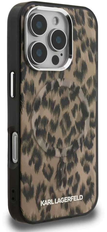 Karl Lagerfeld IML Leopard MagSafe dėklas Apple iPhone 16 Pro rudos spalvos