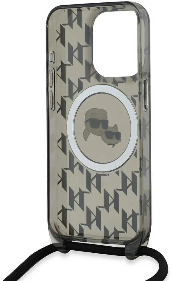 Apple iPhone 15 Pro Max Karl Lagerfeld Hardcase IML Crossbody Monogram Karl & Choupette Head MagSafe (KLHMP15XHCKCKLCK) dėklas telefonui juodos spalvos