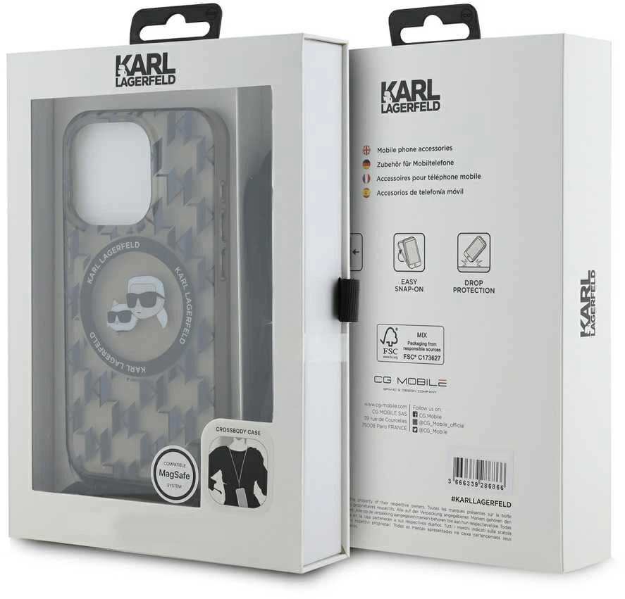 Apple iPhone 15 Pro Max Karl Lagerfeld Hardcase IML Crossbody Monogram Karl & Choupette Head MagSafe (KLHMP15XHCKCKLCK) dėklas telefonui juodos spalvos