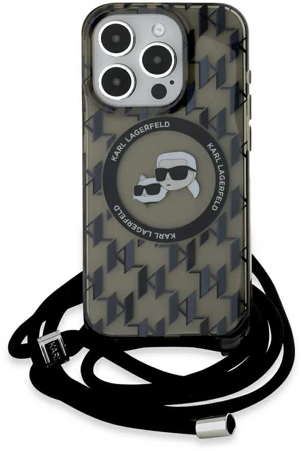 Apple iPhone 15 Pro Max Karl Lagerfeld Hardcase IML Crossbody Monogram Karl & Choupette Head MagSafe (KLHMP15XHCKCKLCK) dėklas telefonui juodos spalvos