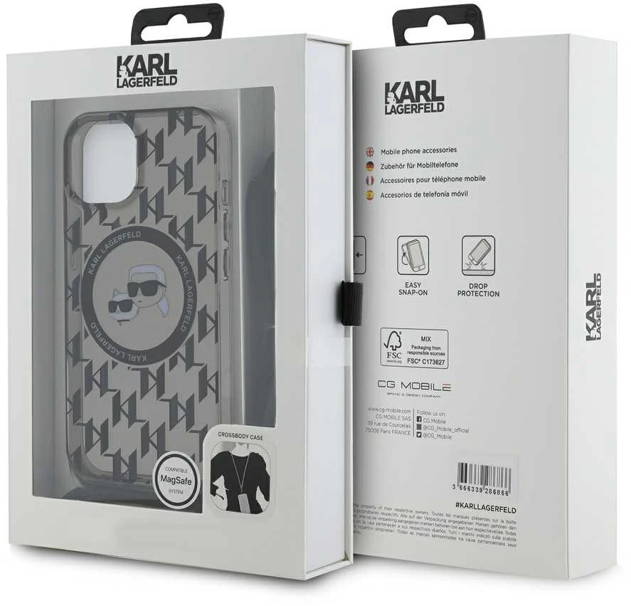 Karl Lagerfeld KLHMP15SHCKCKLCK Apple iPhone 15 / 14 / 13 6.1″ juodos spalvos kietas dėklas IML Crossbody Monogram