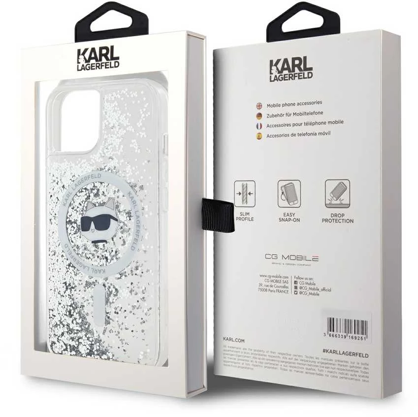 Karl Lagerfeld KLHMP15SLGCHSGH Apple iPhone 15 /14 / 13 6.1″ kietas dėklas skaidrus Liquid Glitter Choupette
