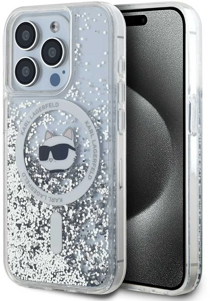 Karl Lagerfeld KLHMP15LLGCHSGH Apple iPhone15 Pro 6.1″ kietas dėklas skaidrus Liquid Glitter Choupette Head