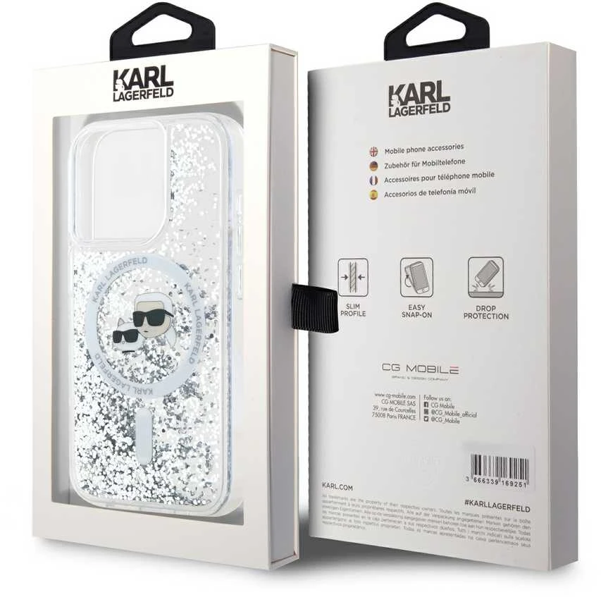 Karl Lagerfeld Liquid Glitter Karl and Choupette Heads MagSafe dėklas telefonui Apple iPhone 15 Pro Max skaidrus