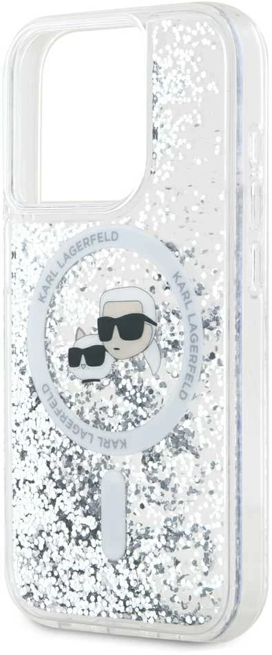 Karl Lagerfeld Liquid Glitter Karl and Choupette Heads MagSafe dėklas telefonui Apple iPhone 15 Pro skaidrus