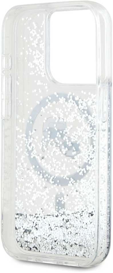Karl Lagerfeld Liquid Glitter Karl and Choupette Heads MagSafe dėklas telefonui Apple iPhone 15 Pro skaidrus