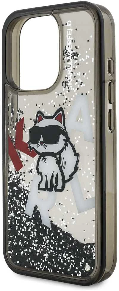 Karl Lagerfeld Liquid Glitter Scattered Choupette dėklas Apple iPhone 16 Pro Max juodos spalvos