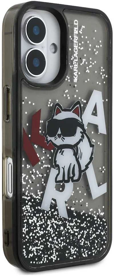 Karl Lagerfeld Liquid Glitter Scattered Choupette dėklas Apple iPhone 16 juodos spalvos