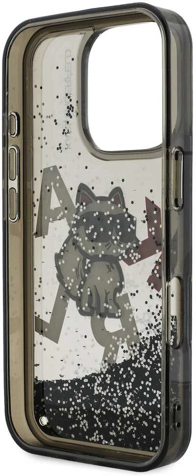 Karl Lagerfeld Liquid Glitter Scattered Choupette dėklas Apple iPhone 16 Pro Max juodos spalvos
