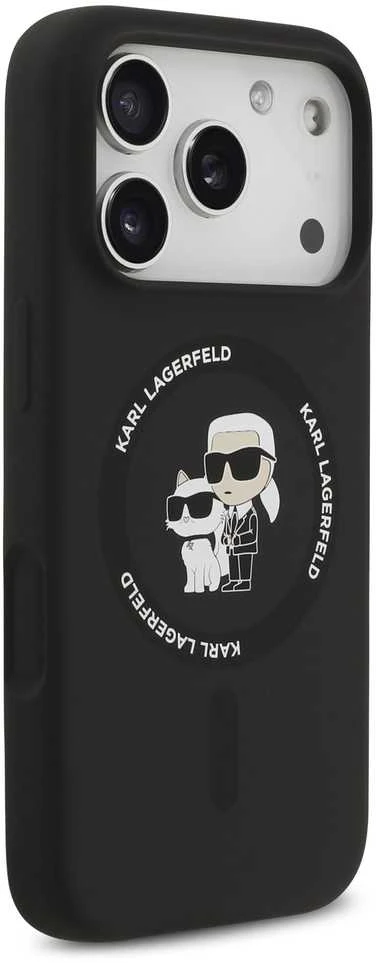 Dėklas Karl Lagerfeld Silicone Karl&Choupette Ring MagSafe skirtas iPhone 17 Pro Max juodos spalvos