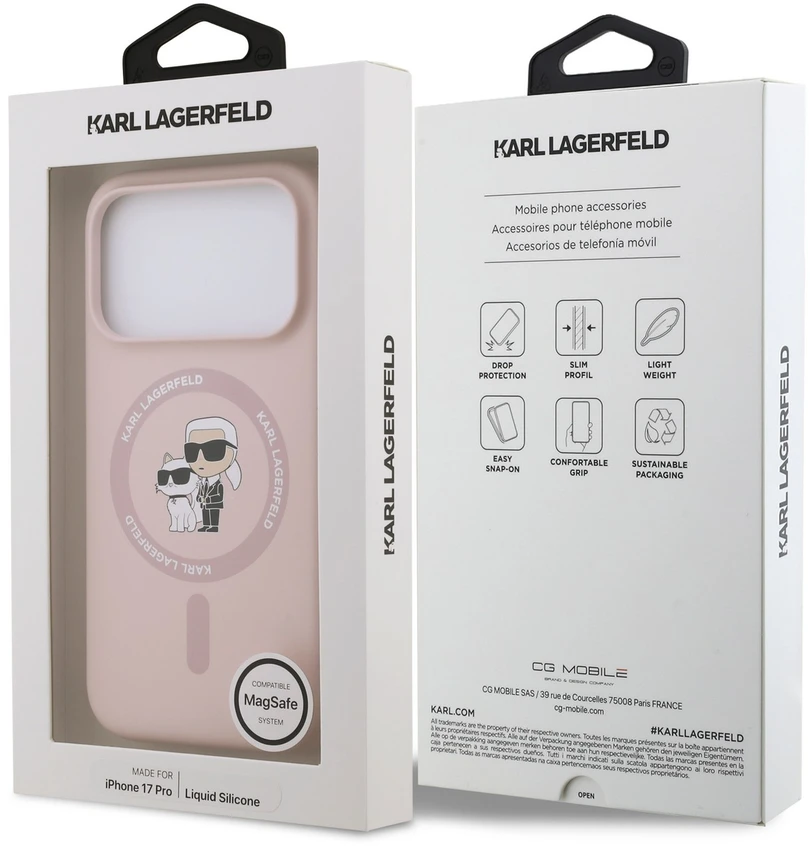Karl Lagerfeld Liquid Silicone Karl and Choupette MagSafe dėklas, skirtas iPhone 18 Pro, rožinis