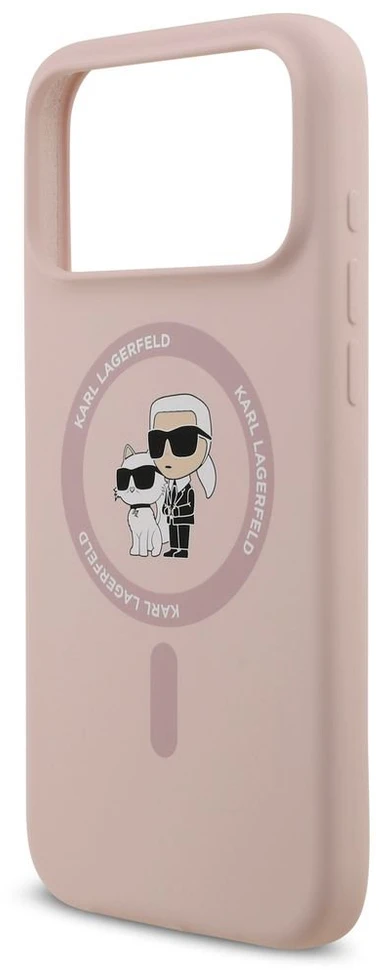 Karl Lagerfeld Liquid Silicone Karl and Choupette MagSafe dėklas, skirtas iPhone 18 Pro Max, rožinis