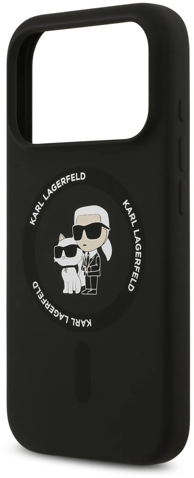 Karl Lagerfeld Liquid Silicone Karl and Choupette MagSafe dėklas, skirtas iPhone 18 Pro Max, juodas