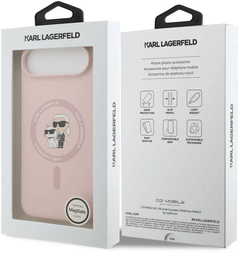 Karl Lagerfeld Liquid Silicone Karl and Choupette MagSafe dėklas skirtas Apple iPhone 17 Air rožinės spalvos