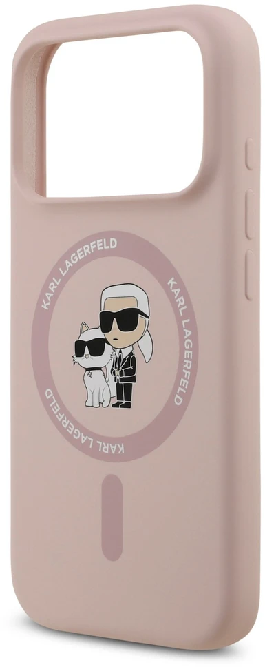 Karl Lagerfeld Liquid Silicone Karl and Choupette MagSafe dėklas, skirtas iPhone 18 Pro, rožinis