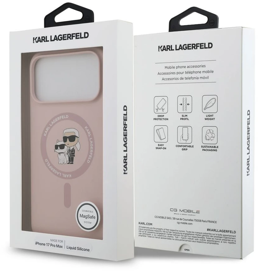 Karl Lagerfeld Liquid Silicone Karl and Choupette MagSafe dėklas, skirtas iPhone 18 Pro Max, rožinis