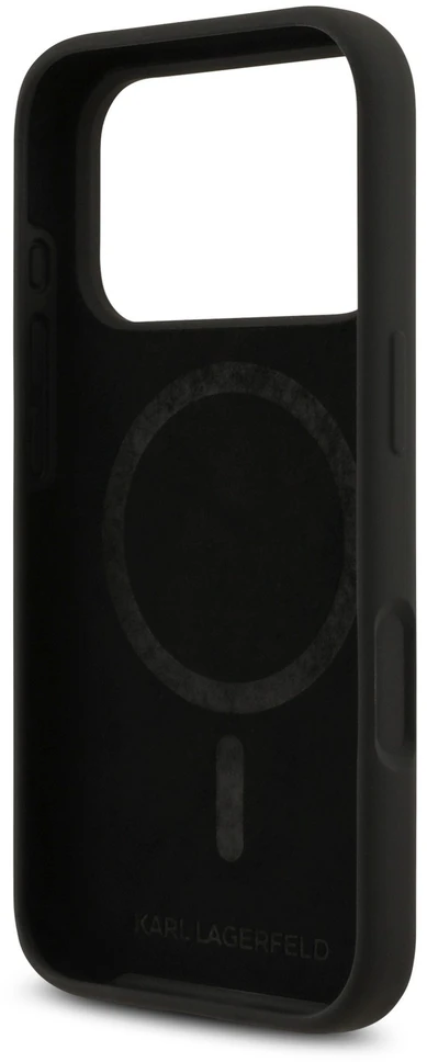 Karl Lagerfeld Liquid Silicone Karl and Choupette MagSafe dėklas, skirtas iPhone 18 Pro Max, juodas